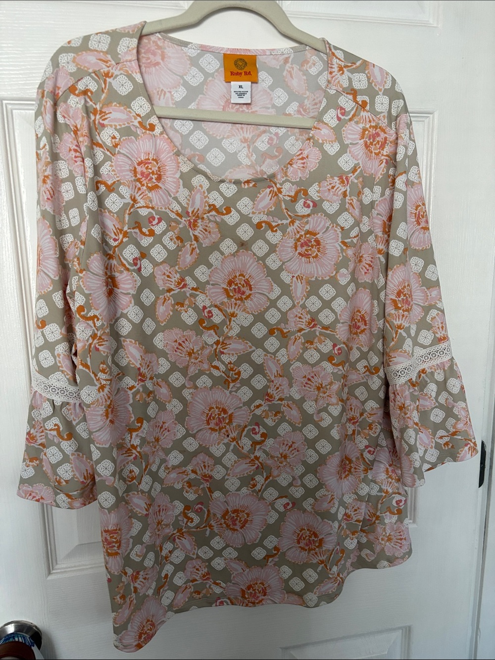 Ruby Rd. Beige Tunic with Pink & Orange Floral Print